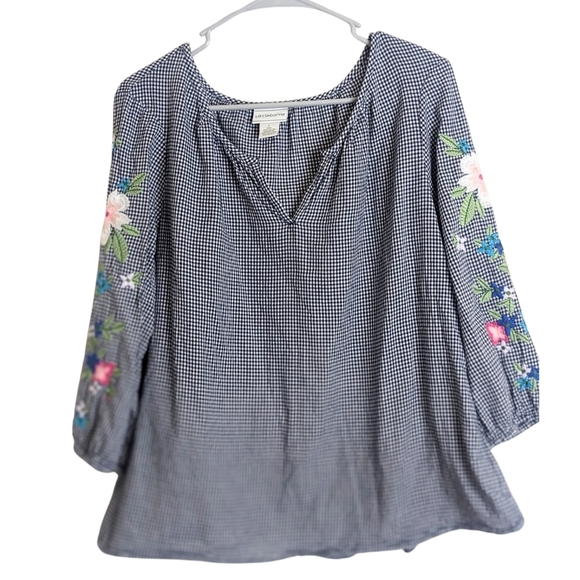 Colorful Embroidered Lightweight Black and White Checkered Top Women's Size L - Picture 1 of 9